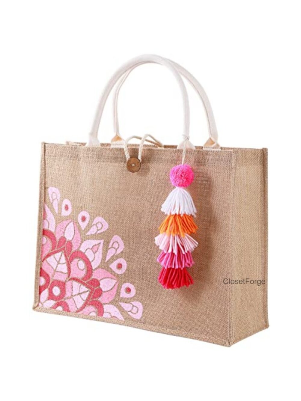 Boho Jute Tote Bag, Hand-Stitched Burlap, Waterproof & Sandproof, Large